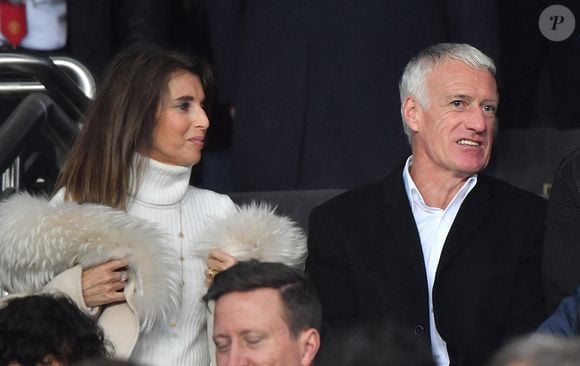 Didier Deschamps et son épouse Claude regardant depuis les tribunes le 1/8e de finale retour de la Champion's League, Paris-St-Germain (PSG) contre Manchester United au stade du Parc des Princes à Paris, France, le 6 mars 2019. Manchester United s'est imposé 3-1 et s'est qualifié pour les 1/4. Photo de Christian LiewigABACAPRESS.COM