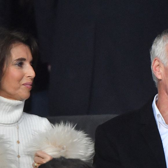 Didier Deschamps et son épouse Claude regardant depuis les tribunes le 1/8e de finale retour de la Champion's League, Paris-St-Germain (PSG) contre Manchester United au stade du Parc des Princes à Paris, France, le 6 mars 2019. Manchester United s'est imposé 3-1 et s'est qualifié pour les 1/4. Photo de Christian LiewigABACAPRESS.COM