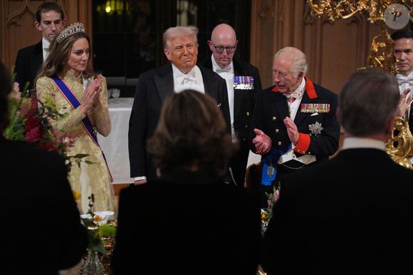 Donald J. Trump et le roi Charles III d'Angleterre lors du banquet d'Etat au château de Windsor en l'honneur de la visite officielle de président Donald Trump et de la Première dame Melania au Royaume-Uni. © PA Photo/ Bestimage