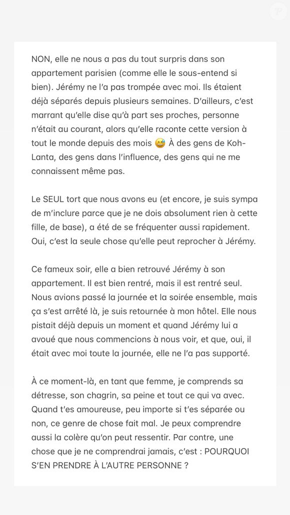 Lola, ancienne aventurière de "Koh-Lanta, s'exprime sur Instagram le 5 août 2025 au sujet de son couple avec Jérémy et de Candice, l'ex de Jérémy.