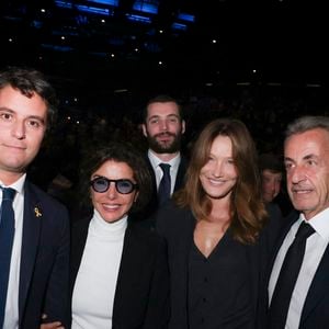 Exclusif - Gabriel Attal, Louis Sarkozy, Rachida Dati, Carla Bruni-Sarkozy, Nicolas Sarkozy lors d'une cérémonie organisée par le Conseil des institutions juives de France (CRIF) en hommage aux victimes des attentats du Hamas du 7 octobre 2023 contre Israël, à l'occasion du premier anniversaire de l'événement, à Paris, le 7 octobre 2024. © Jack Tribeca / Bestimage