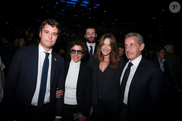 Exclusif - Gabriel Attal, Louis Sarkozy, Rachida Dati, Carla Bruni-Sarkozy, Nicolas Sarkozy lors d'une cérémonie organisée par le Conseil des institutions juives de France (CRIF) en hommage aux victimes des attentats du Hamas du 7 octobre 2023 contre Israël, à l'occasion du premier anniversaire de l'événement, à Paris, le 7 octobre 2024. © Jack Tribeca / Bestimage