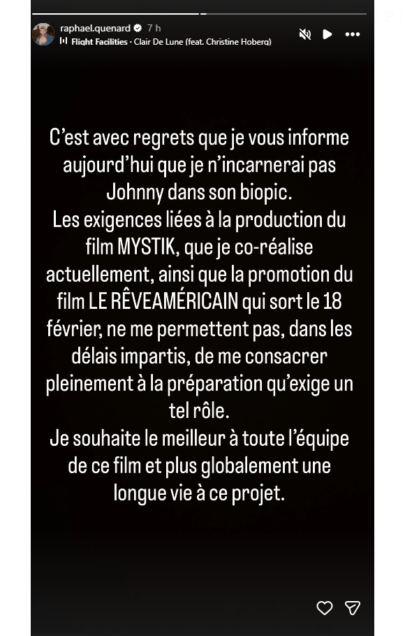 Raphaël Quenard a annoncé qu'il devait renoncer au biopic consacré à Johnny Hallyday.