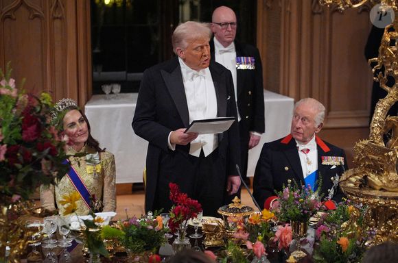 Donald J. Trump (président des Etats-Unis) et la Première dame Melania Trump, le roi Charles III d'Angleterre et Camilla Parker Bowles, reine consort d'Angleterre, le prince William, prince de Galles, et Catherine (Kate) Middleton, princesse de Galles, lors du banquet d'Etat au chateau de Windsor le 17 septembre 2025. Photo par Yui Mok/WPA-Pool