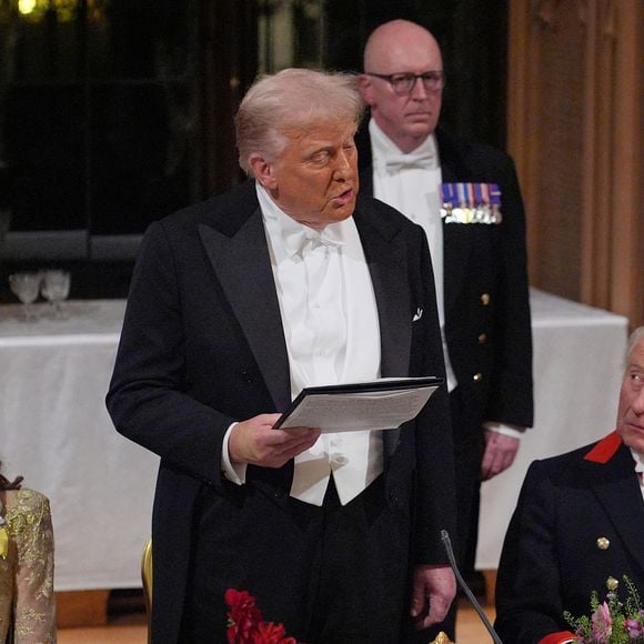 Donald J. Trump (président des Etats-Unis) et la Première dame Melania Trump, le roi Charles III d'Angleterre et Camilla Parker Bowles, reine consort d'Angleterre, le prince William, prince de Galles, et Catherine (Kate) Middleton, princesse de Galles, lors du banquet d'Etat au chateau de Windsor le 17 septembre 2025. Photo par Yui Mok/WPA-Pool