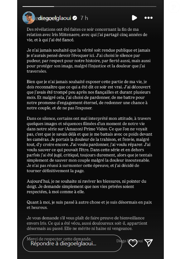 Diego El Glaoui a alors réagi sur Instagram, confirmant les rumeurs d'infidélité de son ex-compagne.

Communiqué de Diego El Glaoui publié sur son compte Instagram.