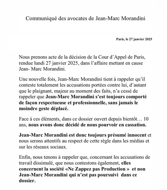 Communiqué de presse des avocats de Jean-Marc Morandini qui annoncent se pourvoir en cassation
