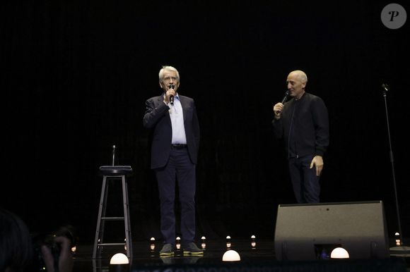 Exclusif - Gad Elmaleh célèbre les cinquante ans de carrière de Gilbert Coullier sur la scène du Zenith de Rouen à la fin de son spectacle "Lui même" 
Le 28 mars 2025. © Jack Tribeca / Bestimage