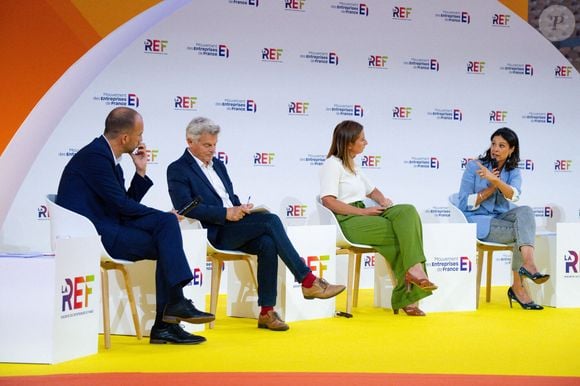 Apolline de Malherbe , Fabien Roussel ( secrétaire national du Parti communiste français ) ,Manuel Bompard ( député des Bouches du Rhône, coordinateur de La France Insoumise ) et Marine Tondelier ( secrétaire nationale des Ecologistes - Europe, Ecologie, les Verts ) lors de la Rencontre des entrepreneurs français LAREF25 à Roland Garros le 28 août 2025 à Paris, France. © Federico Pestellini / PsnewZ / Bestimage -
