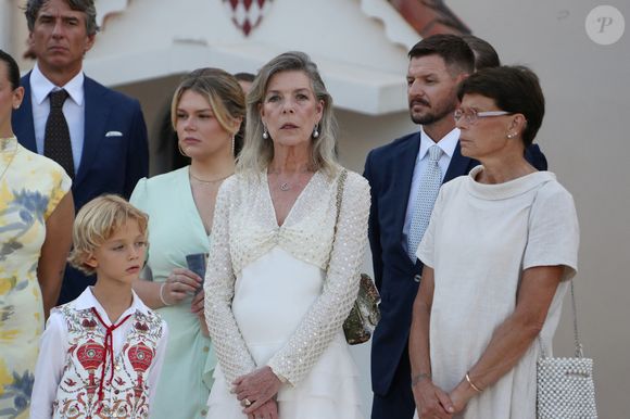 La princesse Caroline de Hanovre, Camille Gottlieb, Gareth Wittstock et la princesse Stéphanie de Monaco lors de la célébration des 20 ans de règne du prince Albert II de Monaco, sur la place du Palais à Monte-Carlo, Monaco, le 19 juillet 2025. Cyril Dodergny/Nice Matin/Bestimage