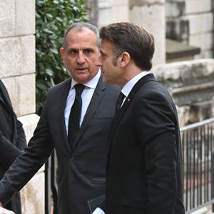Le président Emmanuel Macron - Obsèques de Didier Guillaume (ancien ministre de l'Agriculture entre 2018 et 2020 et ancien Ministre d'Etat de Monaco 2024–2025) en la cathédrale Notre-Dame-Immaculée de Monaco le 23 janvier 2025. © Bruno Bebert/Bestimage