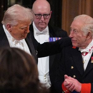 Donald J. Trump (président des Etats-Unis) et la Première dame Melania Trump, le roi Charles III d'Angleterre et Camilla Parker Bowles, reine consort d'Angleterre, le prince William, prince de Galles, et Catherine (Kate) Middleton, princesse de Galles, lors du banquet d'Etat au chateau de Windsor le 17 septembre 2025. Picture by Yui Mok/WPA-Pool