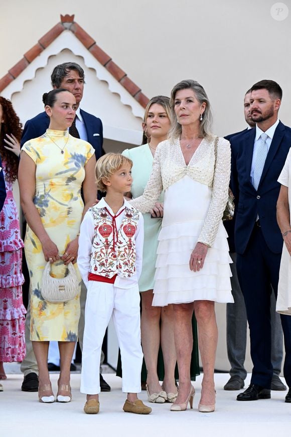 Pauline Ducruet, Stefano Ercole Carlo Casiraghi, Camille Gottlieb,  la princesse Caroline de Hanovre et  Gareth Wittstock - Célébration des 20 ans de règne du prince souverain Albert II de Monaco sur la place du Palais à Monaco, le 19 juillet 2025. © Bruno Bebert/Bestimage