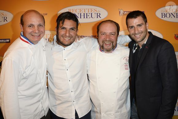 Eric Briffard, Akrame Benallal, Gilles Goujon et Christopher Hache - Avant-première du film "Les Recettes du bonheur" organisée par Le Guide Michelin et Metropolitan FilmExport au cinéma Gaumont Marignan à Paris, le 7 septembre 2014.