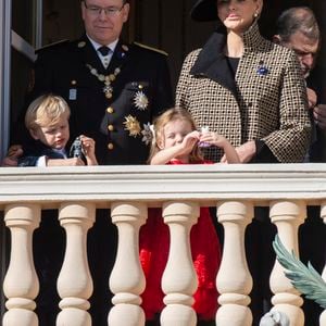 HSH Le Prince Albert II , la Princesse Charlène de Monaco et leurs enfants Jacques et Gabriella assistent depuis le balcon au défilé sur la Place du Palais lors des cérémonies de la Fête Nationale. Monaco le 19 novembre 2018. Photo ABACAPRESS.COM