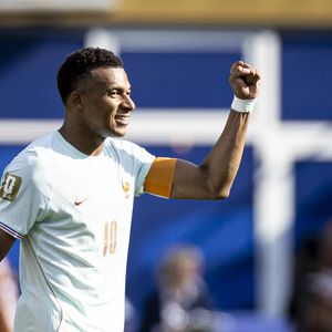 Joie des joueurs de l'Équipe de France apres le but de Kylian Mbappe.

© Bestimage