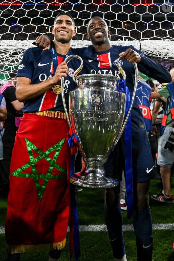 Ousmane Dembele-Achraf Hakimi - Le PSG remporte la Ligue Des Champions 2025, pour la première fois de son histoire, face à l'Inter Milan (5-0) à l'Allianz Arena de Munich, le 31 mai 2025.