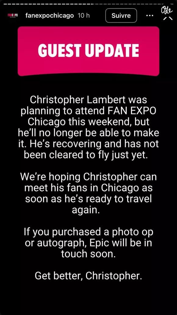 L'annonce officielle de l'annulation de la venue de Christophe Lambert à la FAN EXPO Chigago - Instagram