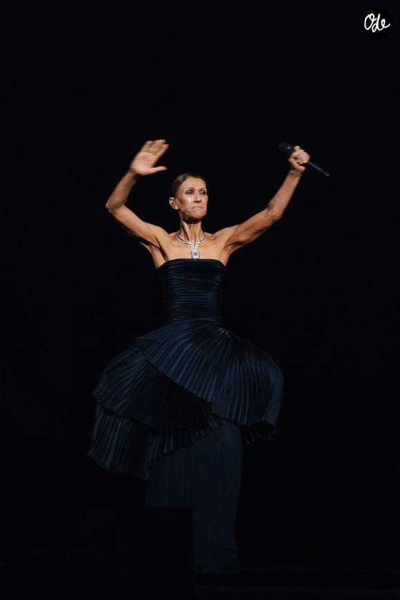 Côté vestimentaire, l'icône de mode a ouvert le show dans une somptueuse robe Dior associée à un collier Boucheron étincelant. 

Celine Dion, tenue et bijoux Boucheron, lors de son premier concert à la Plénitude Arena à Paris La Défense le 12 septembre 2026. Agence / Bestimage
