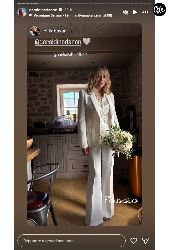 Géraldine Danon a choisi un ensemble blanc Barbara Bui plutôt qu'une robe de mariée traditionnelle.

Géraldine Danon et Philippe Poupon célèbrent leur mariage.
