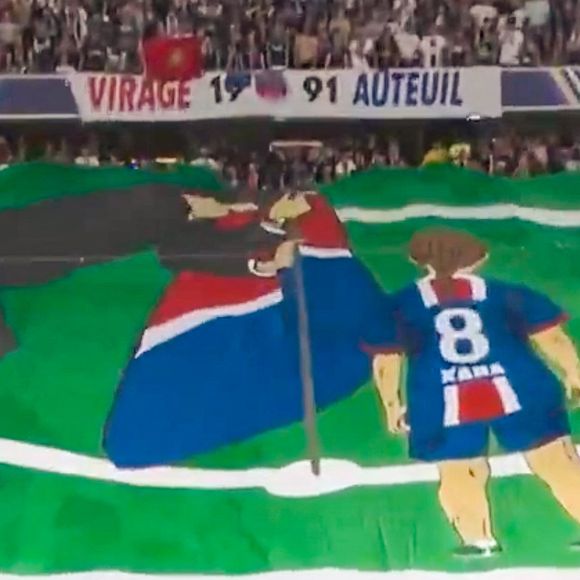 Le magnifique tifo des supporters du PSG en hommage à Xana avec son Luis Enrique (coach du PSG) lors de la Finale de la Ligue Des Champions 2025 "PSG - Inter Milan" à l'Allianz Arena de Munich, le 31 mai 2025. Capture d'écran TV via Bestimage