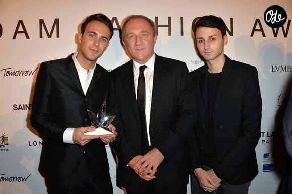Sebastien Meyer (prix Jeunes Créateurs de l'ANDAM), François-Henri Pinault et Arnaud Vaillant (prix Jeunes Créateurs de l'ANDAM) - Cérémonie de remise du prix de l'Andam 2014 à l'hôtel Potocki, Chambre de Commerce et d'Industrie de Paris. Le 26 septembre 2014