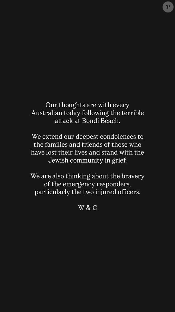 Message du prince William et de Kate Middleton sur l'attaque de Bondi Beach le 14 décembre 2025 ©Instagram - Prince and Princesse of Wales
