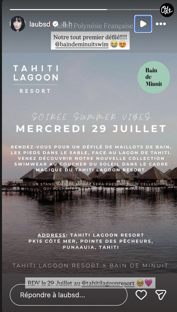 Sur son compte Instagram, la jeune femme a partagé sa fierté d'organiser le tout premier défilé de sa marque de maillots de bain, Bain de Minuit, de l'autre côté du globe.