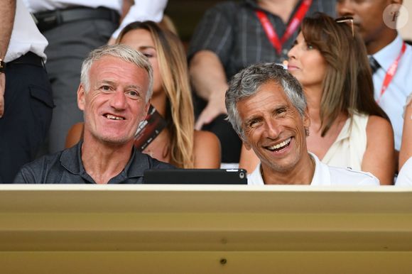Didier Deschamps, Nagui, leurs femmes au second rang Mélanie Page, Claude Deschamps et des amis durant le Match de football de Ligue 1 opposant Monaco à Lille au stade Louis II le 18 août 2018. Pour leur première rencontre à domicile de la saison 2018/2019, les monégasques n'ont obtenu qu'un match nul 0 - 0. © Bruno Bebert/Bestimage