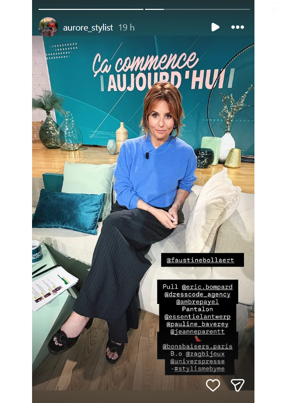 Sur le plateau de "Ca commence aujourd'hui", elle choisit de rehausser son look noir par un pull coloré.

Faustine Bollaert porte un pull Bompard sur le plateau de "Ca commence aujourd'hui".