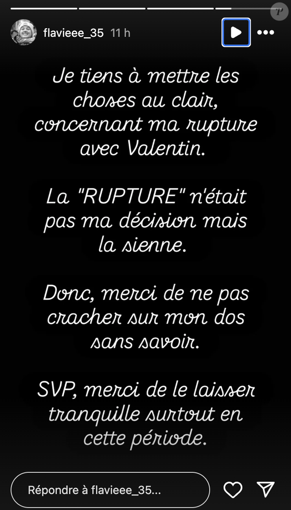 "Je tiens à mettre les choses au clair concernant ma rupture avec Valentin. La rupture n'était pas ma décision mais la sienne."


Flavie (L'amour est dans le pré) met les choses au clair concernant sa rupture avec Valentin. Instagram