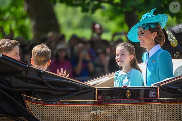 La princesse Charlotte, Catherine, princesse de Galles, le prince George et le prince Louis pendant le défilé des couleurs 2025, à Londres, Royaume-Uni, le 14 juin 2025. Photo by Zak Hussein/Splash News/ABACAPRESS.COM