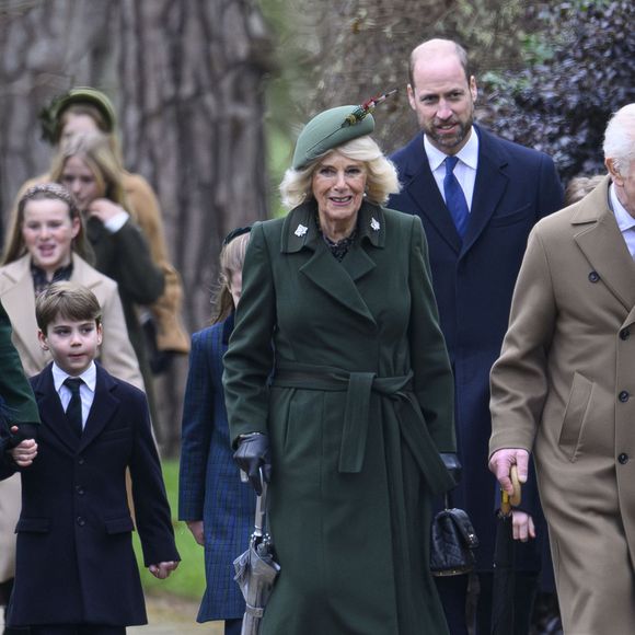 Catherine (Kate) Middleton, princesse de Galles, Prince Louis, le prince William, prince de Galles, Le roi Charles III d'Angleterre et Camilla Parker Bowles, reine consort d'Angleterre - La famille royale britannique se rend à la messe de Noël à Sandringham le 25 décembre 2024.