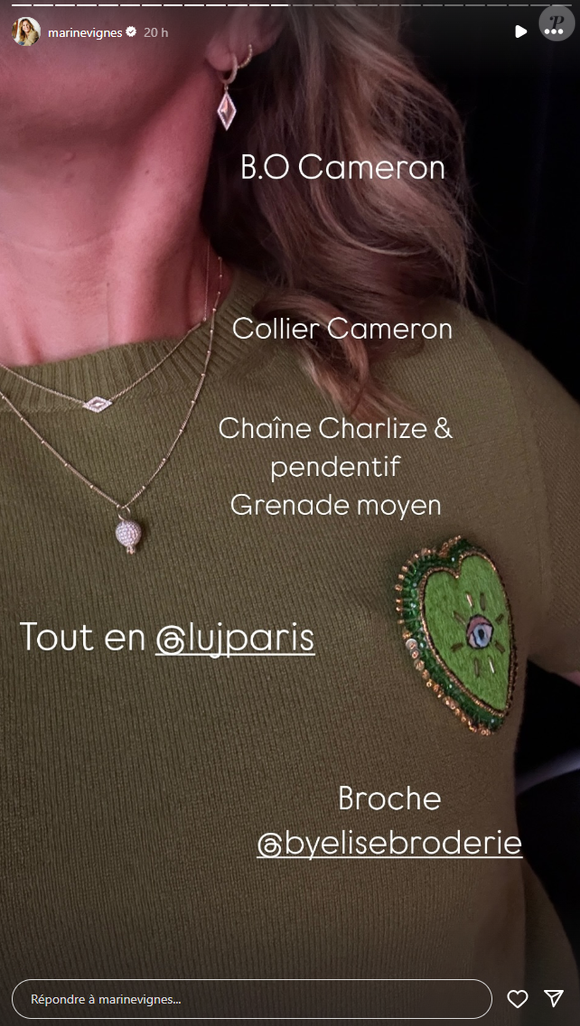 Avec un pull Miu Miu, dont le logo est caché par une jolie broche verte.

Marine Vignes, animatrice et ex-compagne de Nagui, présente son look du jour.