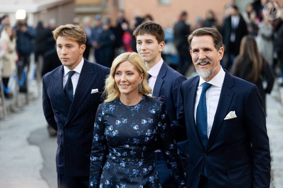 Le prince Paul de Grèce, la princesse Marie-Chantal, le prince Constantin-Alexios et le prince Odyseas-Kimon. Mariage du prince Nikolaos de Grèce et de Chrysi Vardinogianni à l'église Saint-Nicolas Ragavas d'Athènes, en Grèce, le 7 février 2025.
©