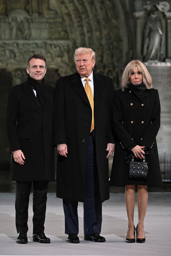 (L to R) French President, Emmanuel Macron, US President Elect, Donald Trump and Brigitte Macron attend the welcome ceremony at official reopening ceremony of Notre-Dame Cathedral in Paris, France on December 7, 2024, after more than five-years of reconstruction work following the April 2019 fire. © Eliot Blondet/Pool/Bestimage