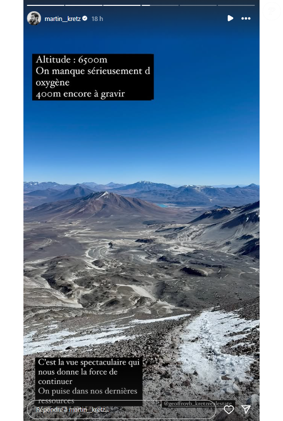 Sur Instagram, il en fait profiter dès qu'il le peut sa communauté Instagram et dévoile ainsi des paysages à couper le souffle.

Martin Kretz (L'Agence) en voyage dans les Andes, entre l'Argentine et le Chili pour un voyage exceptionnel. Instagram