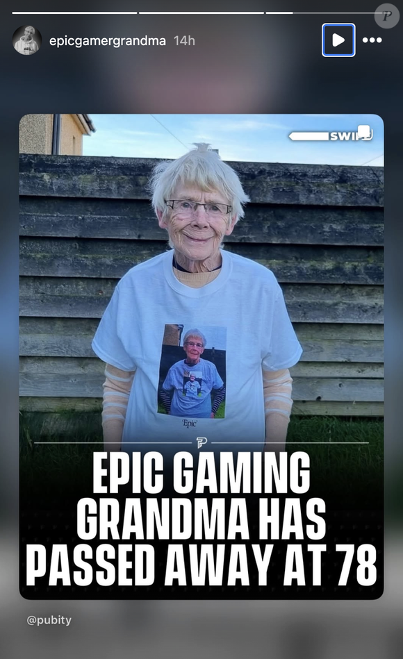 La tiktokeuse connue sous le pseudonyme d'Epic gamer grandma est morte à l'âge de 78 ans, le 21 décembre 2025 via Instagram @epicgamergrandma