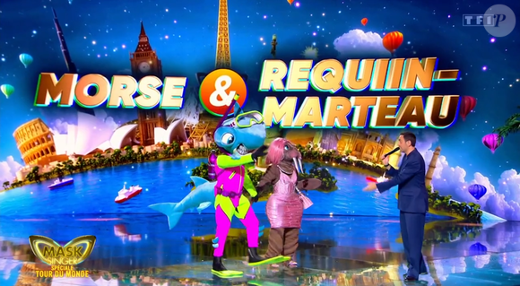 Deux enquêteurs mystères dans Mask Singer, cachés derrière deux costumes :  ceux du morse et du requin-marteau - capture d'écran TF1