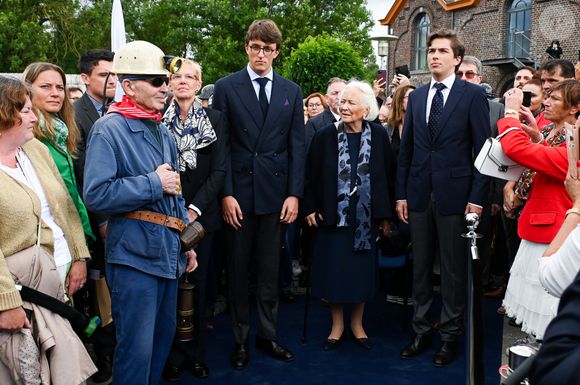 La reine Paola de Belgique, le prince Nicolas et Le prince Aymeric de Belgique commémorent le 67ème anniversaire de la tragédie du Bois du Cazier à Marcinelle (Belgique), le 8 août 2023, en présence d'Antonio Tajani, ministre italien des Affaires étrangères. La catastrophe minière du 8 août 1956 avait causé la mort de 262 mineurs. 
© Frédéric Andrieu / Bestimage