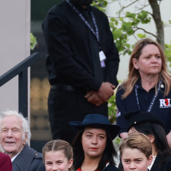 Catherine (Kate) Middleton, princesse de Galles, la princesse Charlotte de Galles, les princes George et Louis de Galles, pendant la procession militaire pour marquer le 80e anniversaire du Jour de la Victoire en Europe le 5 mai 2025 à Londres, Angleterre. (Mirrorpix / Bestimage).