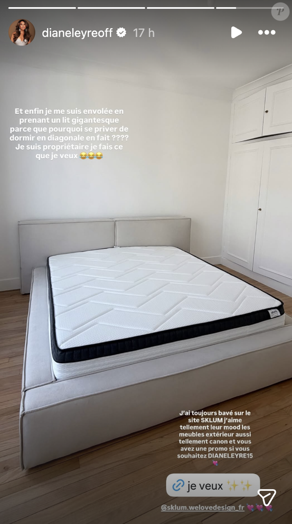 Direction la chambre pour clore cette visite et place au format King Size pour son lit. Son choix s'est arrêté sur un impressionnant lit tapissé beige à la structure moelleuse, qui donne à sa chambre un air de suite d'hôtel 5 étoiles. 

Diane Leyre dévoile l'intérieur de son appartement parisien