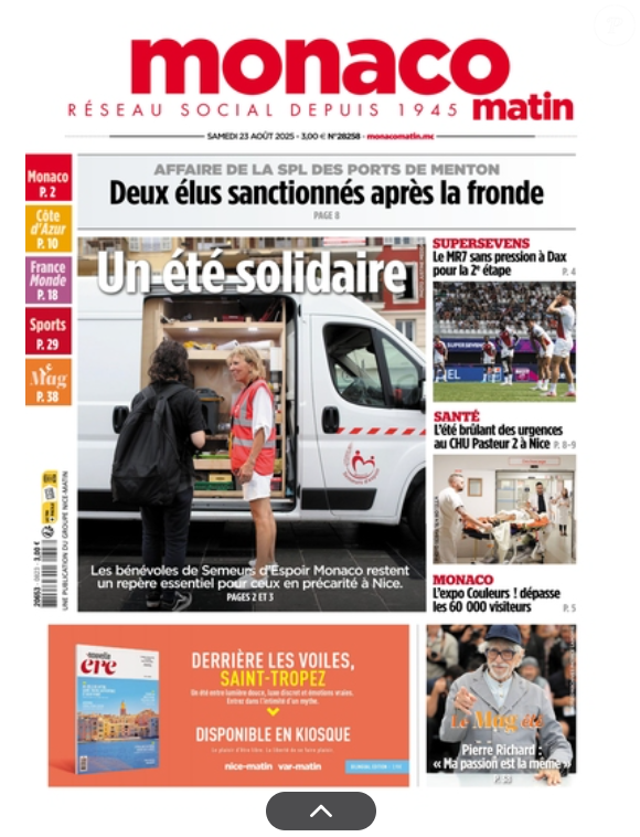 Couverture de "Monaco Matin" du 23 août 2025.