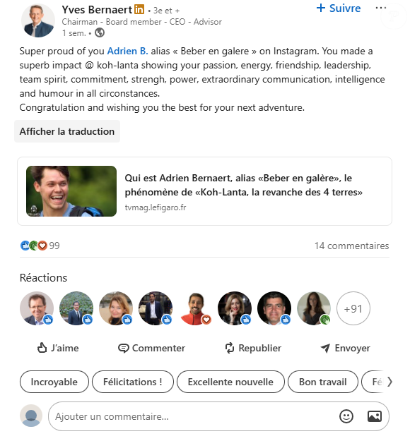 Adrien, aventurier de "Koh-Lanta", soutenu par son père Yves sur LinkedIn.
