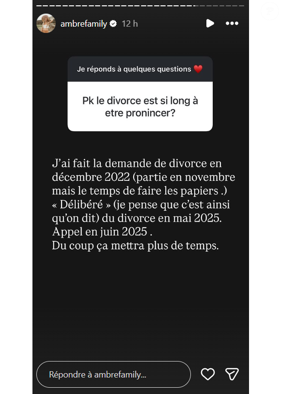 Sauf que la procédure prend du temps... Ambre Dol s'explique sur cette longue attente, elle qui n'est toujours pas officiellement divorcée.

Ambre Dol (Familles nombreuses) se livre sur son divorce avec Alexandre.