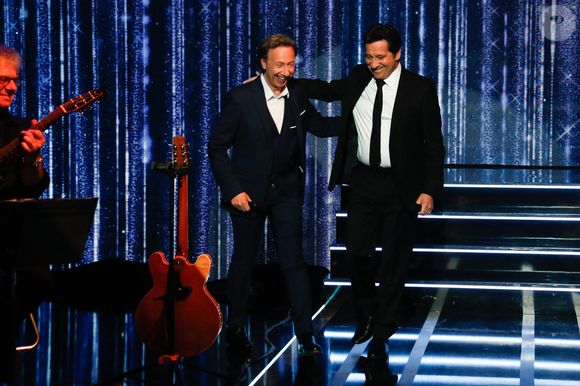 Exclusif - Stéphane Bern, Laurent Gerra lors de l'enregistrement de l'émission "Laurent Gerra, l'anniversaire événement" présentée par S.Bern et qui sera diffusée le 7 juin 2025 sur France 2, au théâtre Marigny, à Paris, France, le 28 avril 2025. © Clovis-Moreau/Bestimage