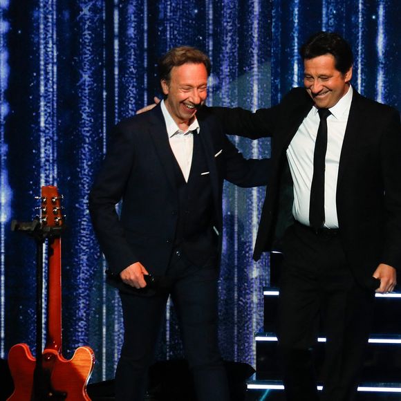 Exclusif - Stéphane Bern, Laurent Gerra lors de l'enregistrement de l'émission "Laurent Gerra, l'anniversaire événement" présentée par S.Bern et qui sera diffusée le 7 juin 2025 sur France 2, au théâtre Marigny, à Paris, France, le 28 avril 2025. © Clovis-Moreau/Bestimage