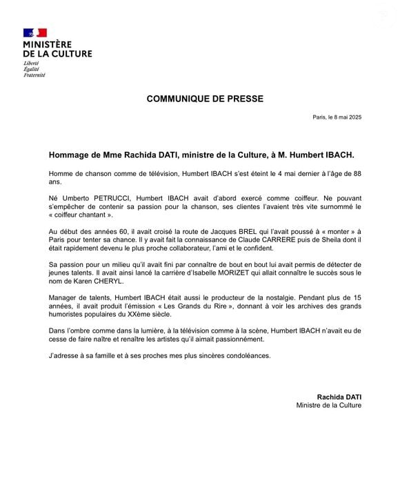 Communiqué de presse de la ministre de la Culture Rachida Dati en hommage à Humbert "Mémé" Ibach, producteur de musique