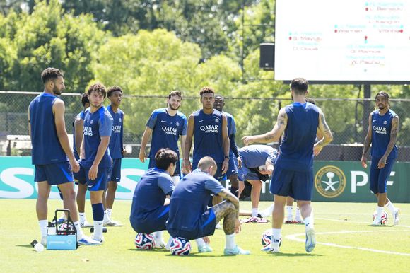 Goncalo RAMOS du PSG, Joao NEVES du PSG, Khvicha KVARATSKHELIA du PSG, Desire DOUE du PSG, Bradley BARCOLA du PSG lors de la séance d'entraînement du PSG le 28 juin 2025 à Atlanta, Géorgie. (Photo par Hugo Pfeiffer/Icon Sport)