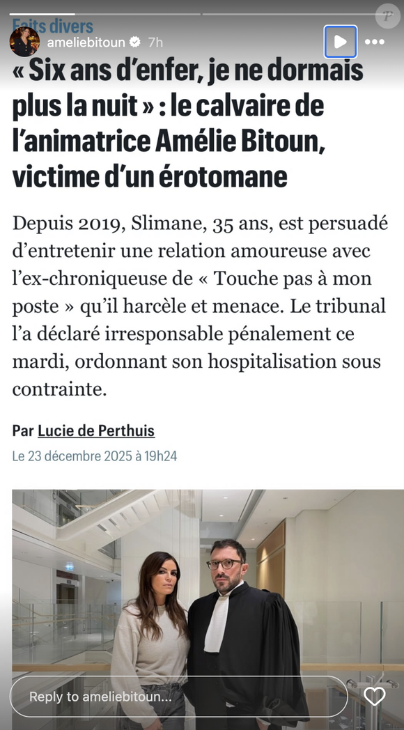 Amélie Bitoun s'est réjouie de la décision de justice concernant son harceleur ce mercredi 24 décembre 2025 via Instagram @ameliebitoun
